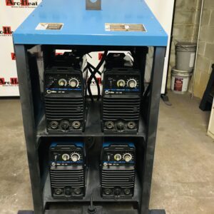 A rack of six welding machines in a warehouse.